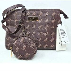 Nicole Miller NY Brown Logo Crossbody purse & Earbud Case Vegan Leather NWT!